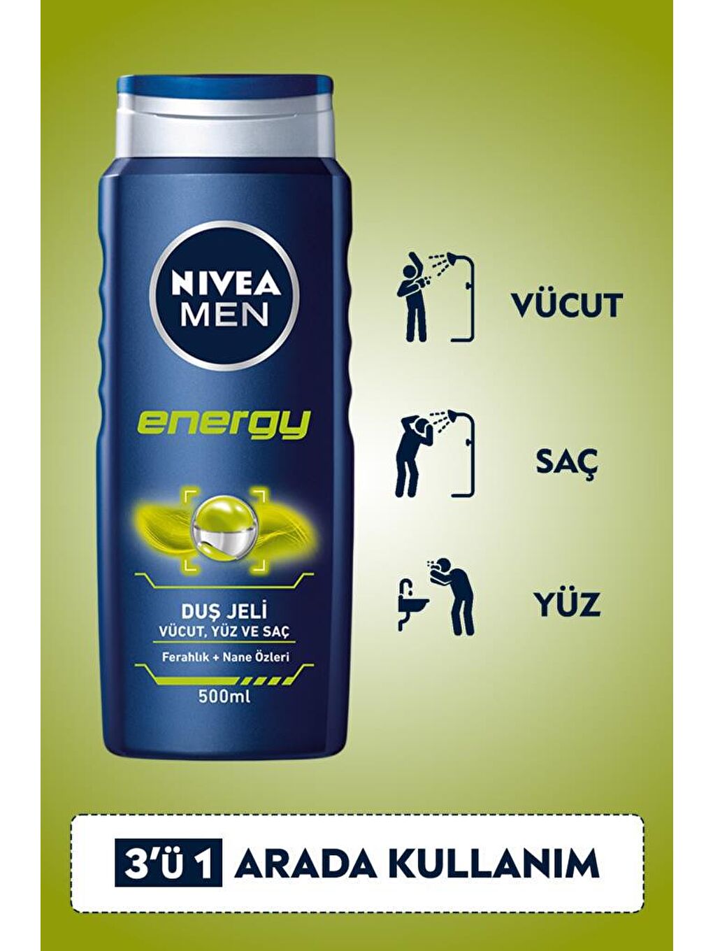 NIVEA Şeffaf Men Energy Duş Jeli, Vücut, Yüz Ve Saç Şampuanı 500 ml X3 Adet, Banyo Lifi Hediye - 1