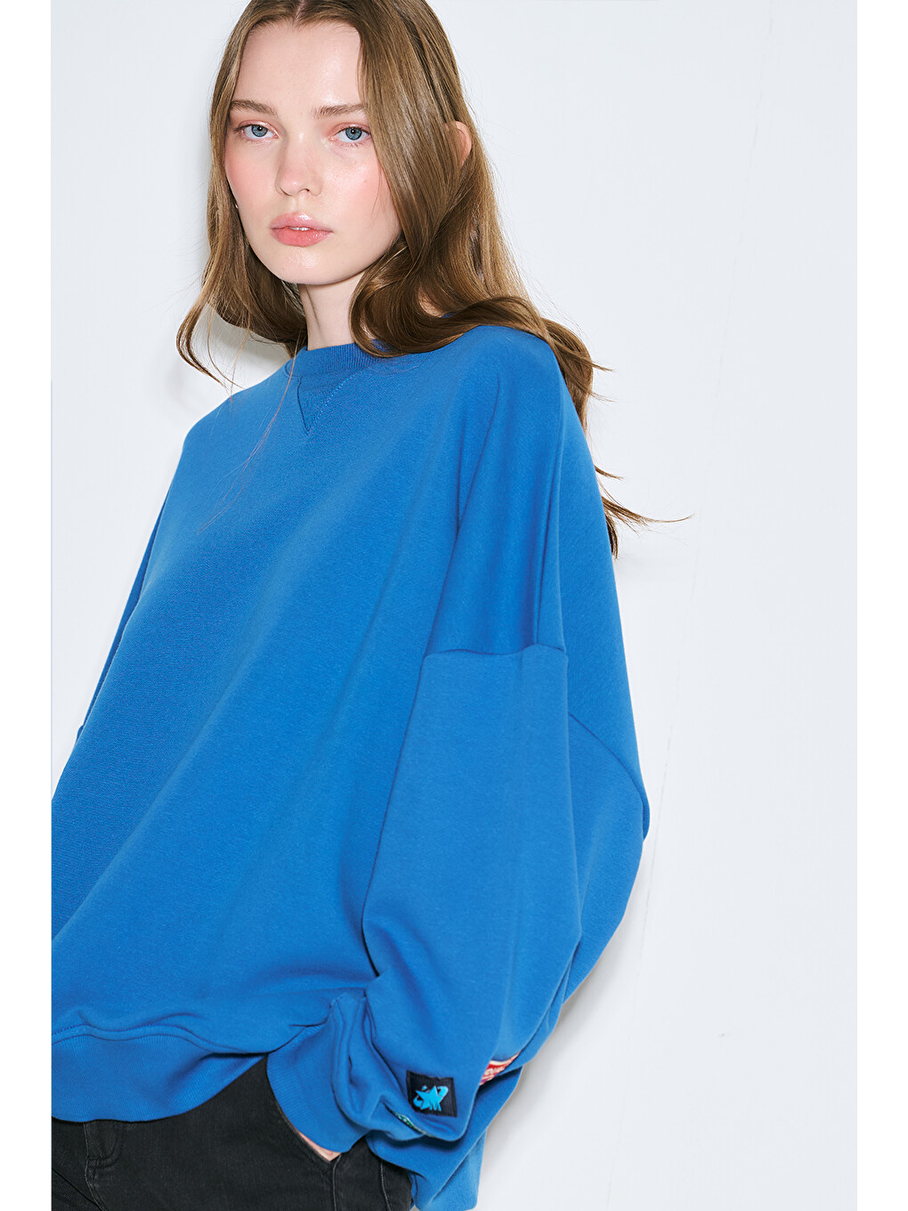 Oversıze Etiketli Sweatshırt Mavi-3