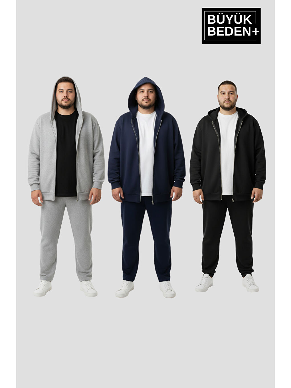 Siyah Erkek Büyük Beden Fermuarlı Kapüşonlu 3 'lü Set ince Sweatshirt Hırka - Rahat Kalıp SPR26BHR960+3