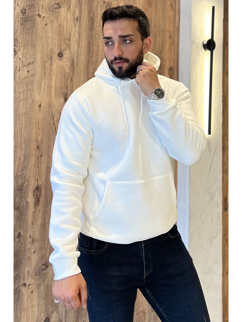 Ekru Erkek Kapüşonlu Kanguru Cepli Şardonlu Sweatshirt