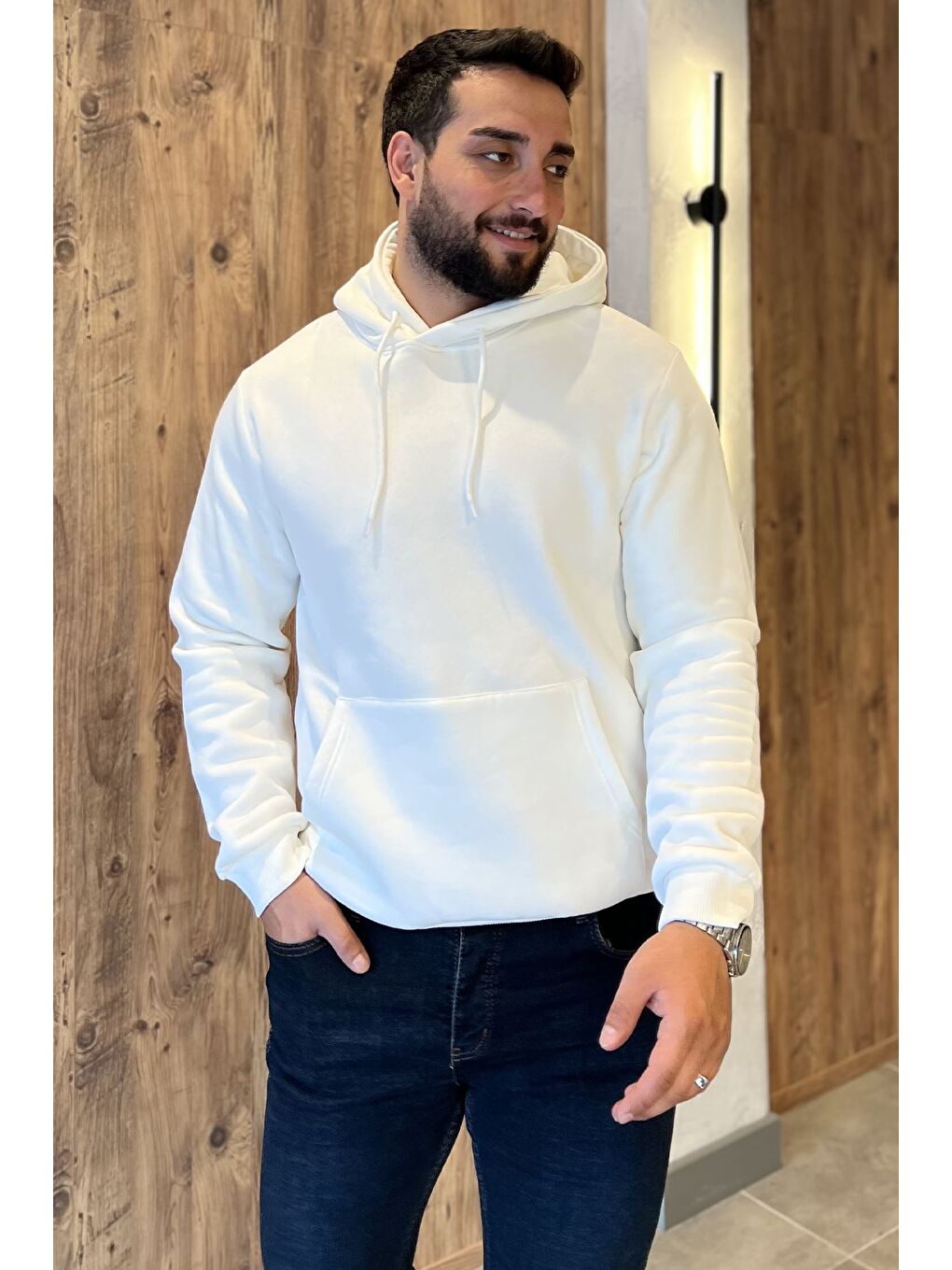 Ekru Erkek Kapüşonlu Kanguru Cepli Şardonlu Sweatshirt-1