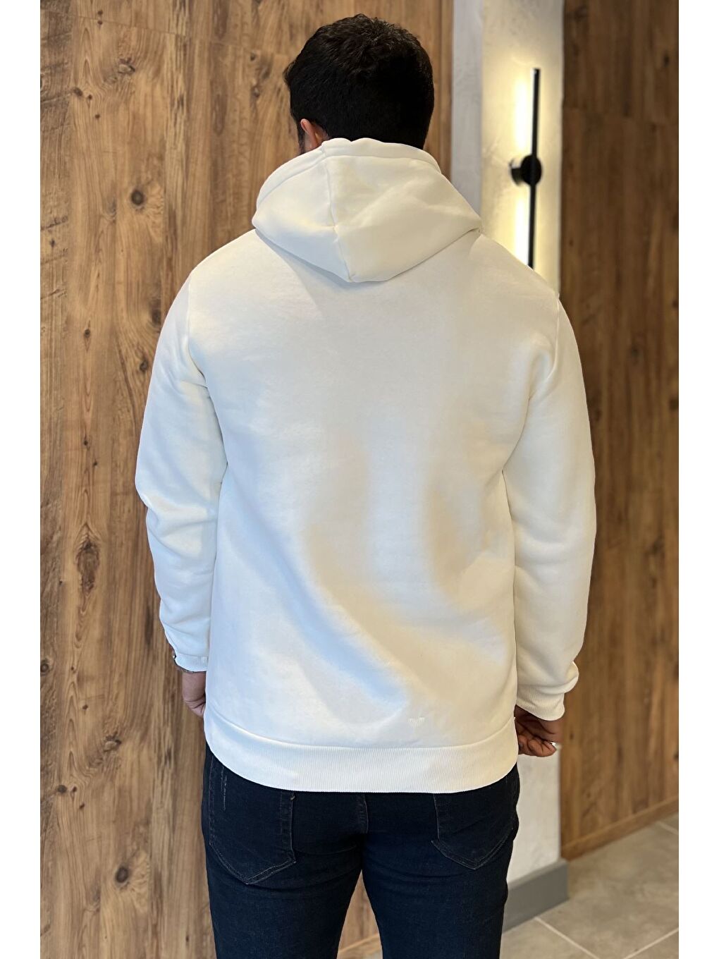 Ekru Erkek Kapüşonlu Kanguru Cepli Şardonlu Sweatshirt-3