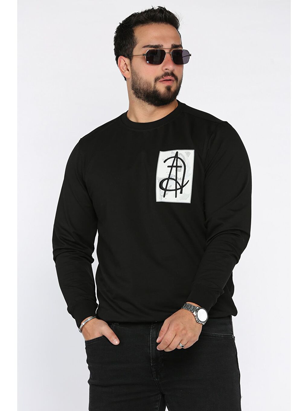 Siyah Erkek Bisiklet Yaka Baskı Detaylı Sweatshirt