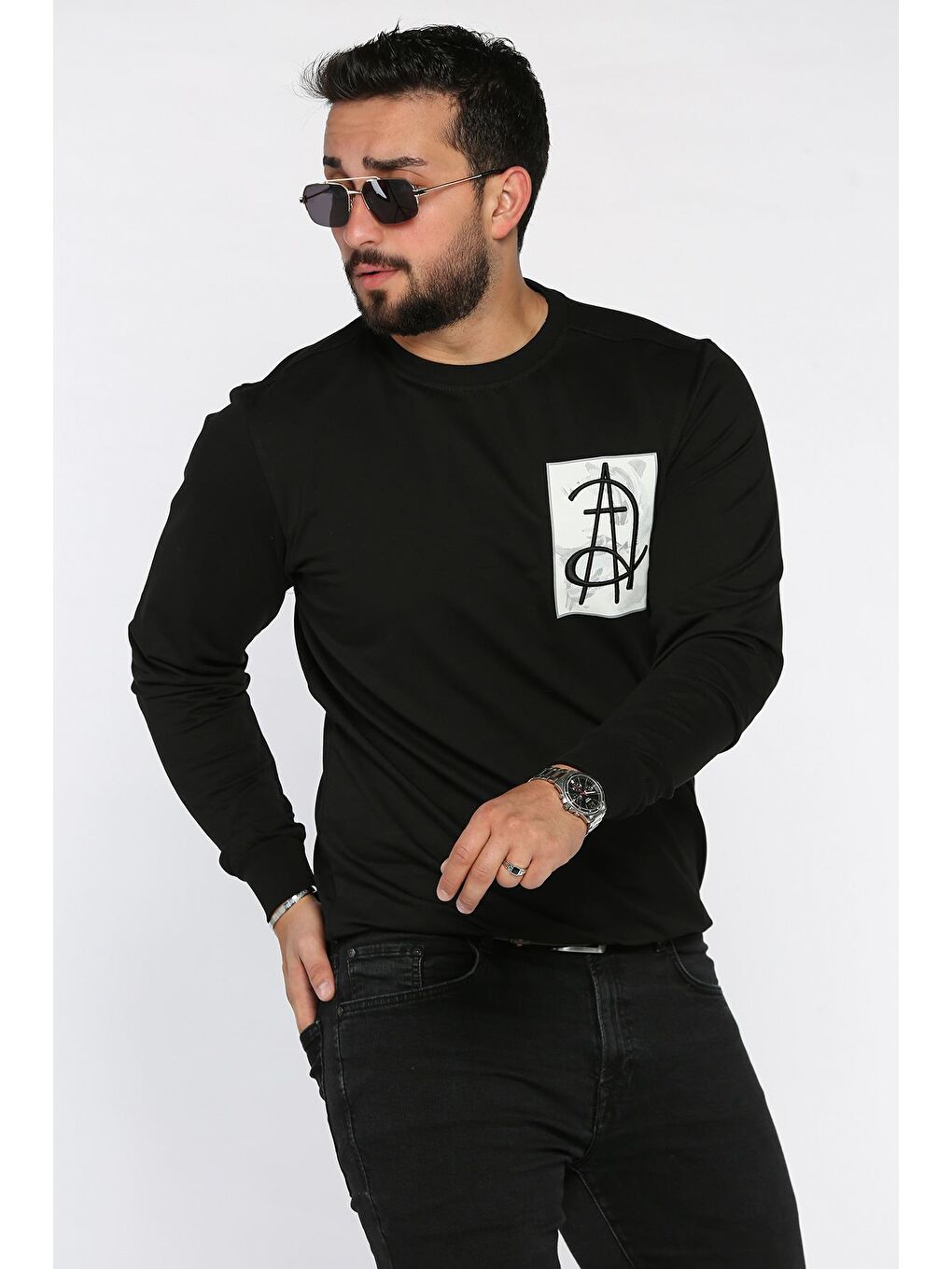 Siyah Erkek Bisiklet Yaka Baskı Detaylı Sweatshirt-1