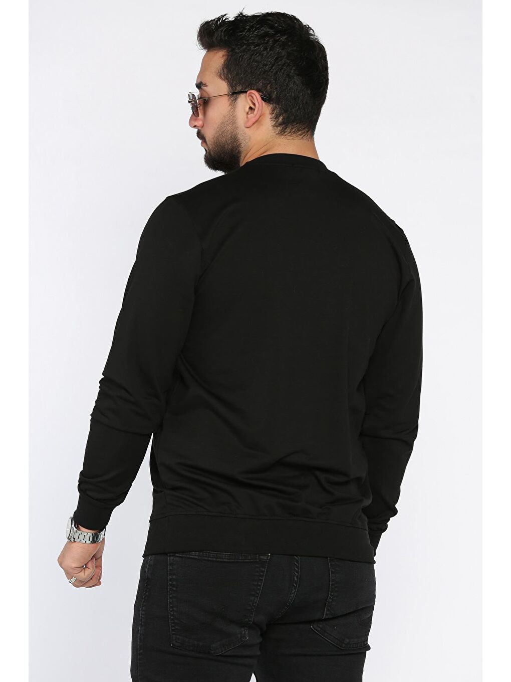 Siyah Erkek Bisiklet Yaka Baskı Detaylı Sweatshirt-2