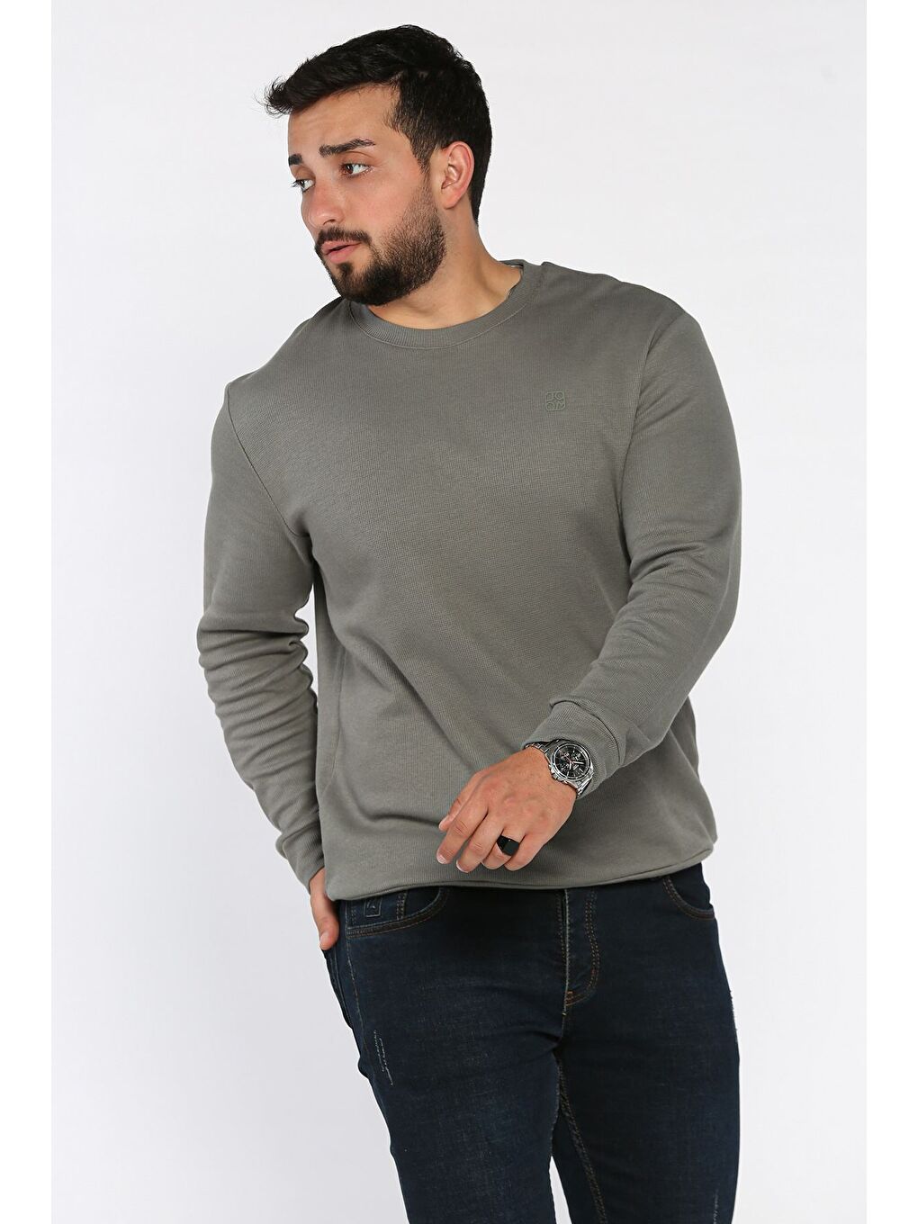 Haki Bisiklet Yaka Baskı Detaylı Erkek Sweatshirt-1