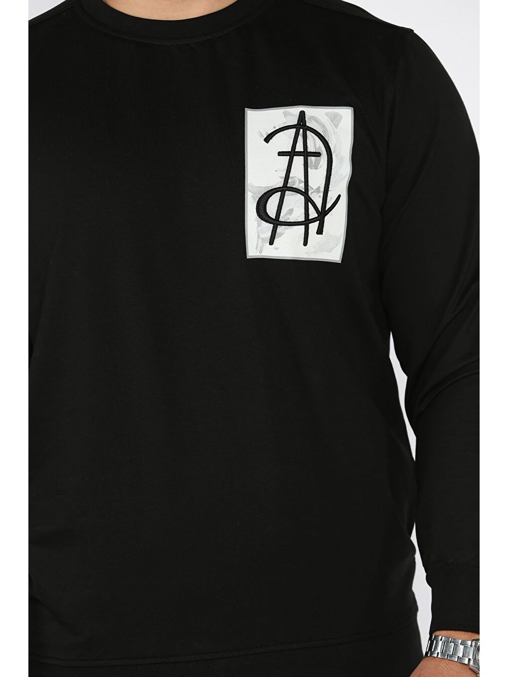 Siyah Erkek Bisiklet Yaka Baskı Detaylı Sweatshirt-3