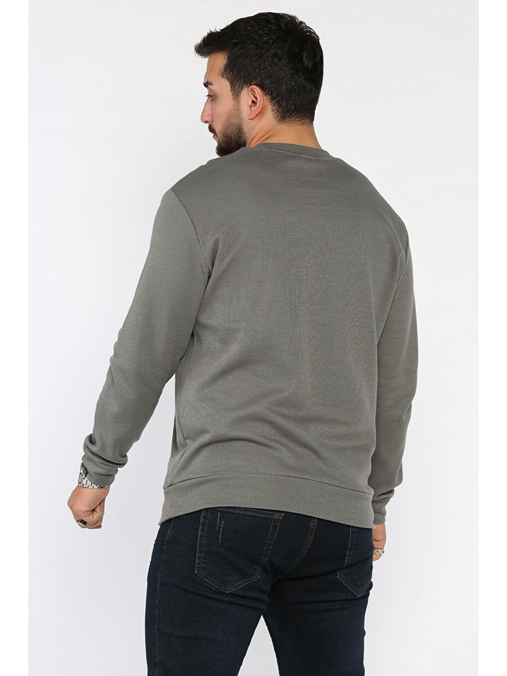 Haki Bisiklet Yaka Baskı Detaylı Erkek Sweatshirt-2