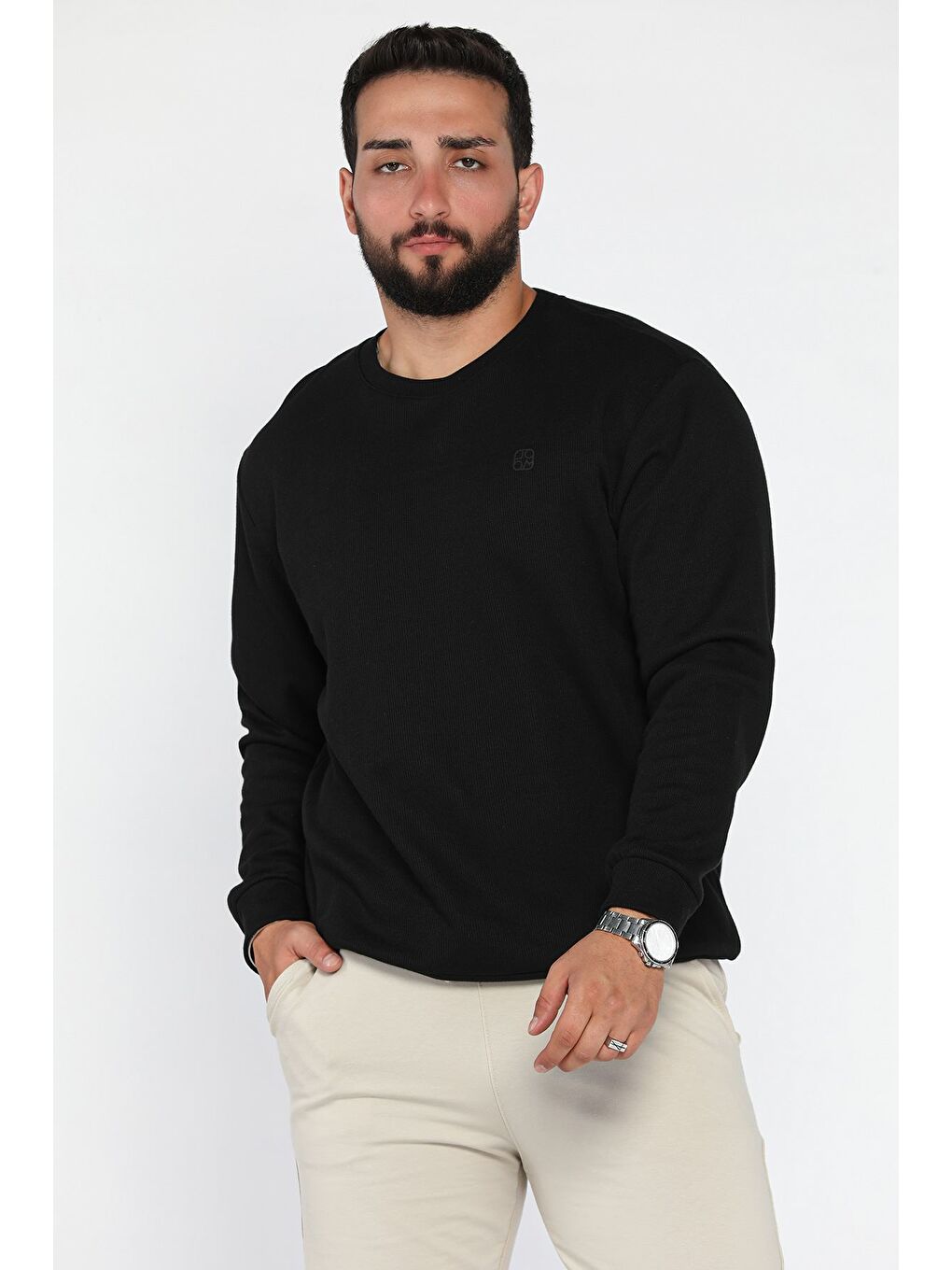 Siyah Bisiklet Yaka Baskı Detaylı Erkek Sweatshirt