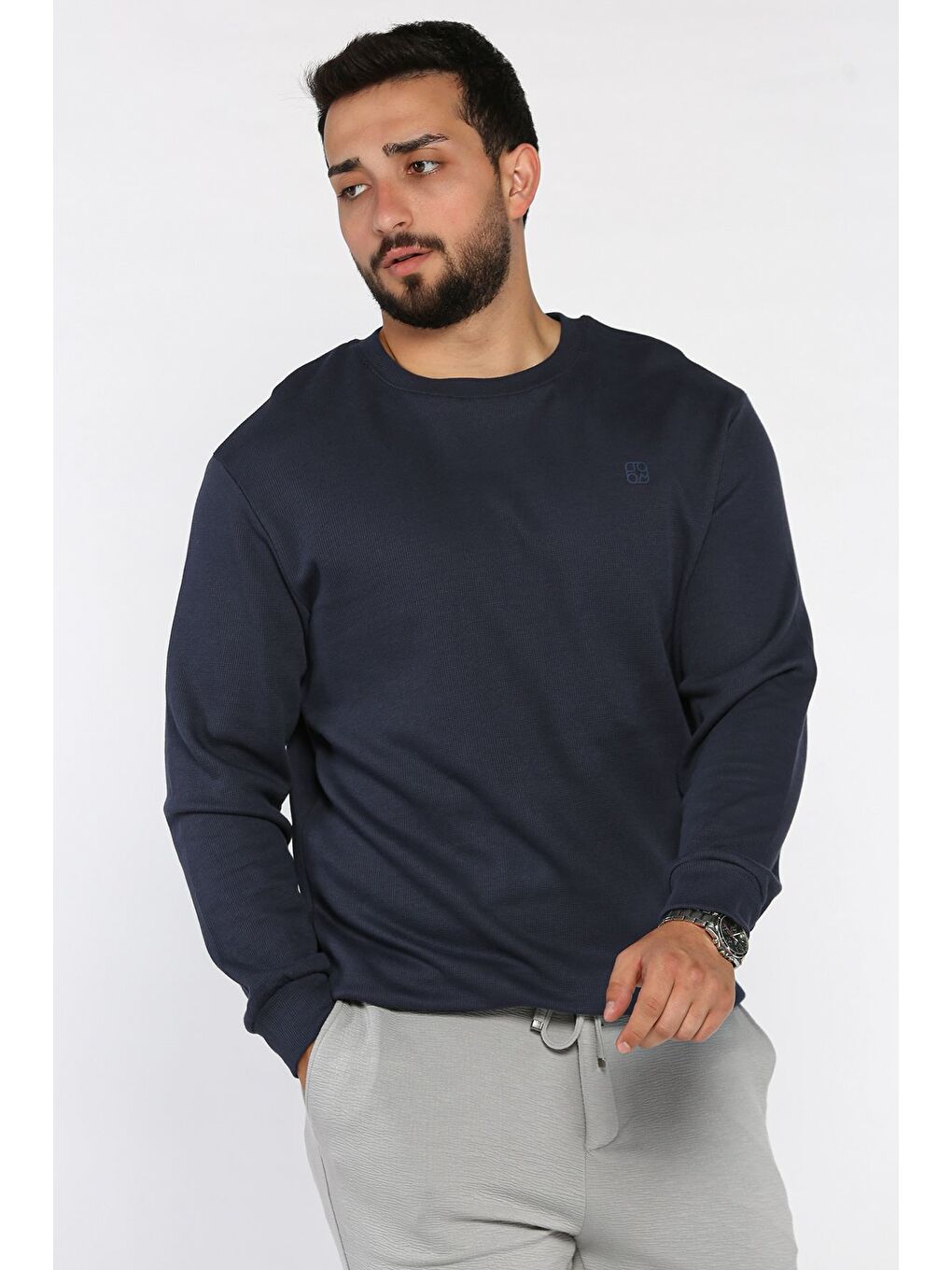 Lacivert Bisiklet Yaka Baskı Detaylı Erkek Sweatshirt-1