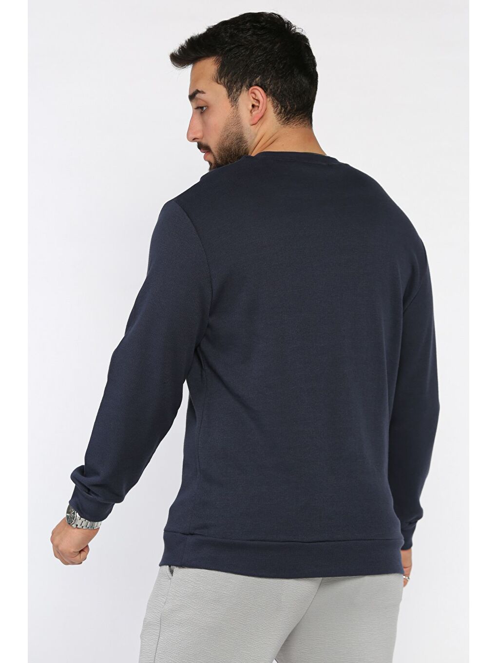 Lacivert Bisiklet Yaka Baskı Detaylı Erkek Sweatshirt-2