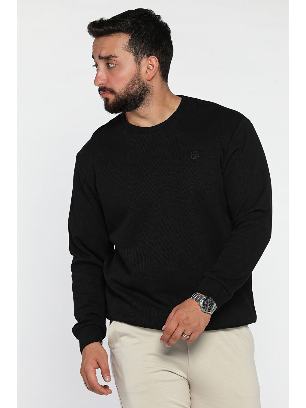 Siyah Bisiklet Yaka Baskı Detaylı Erkek Sweatshirt-1