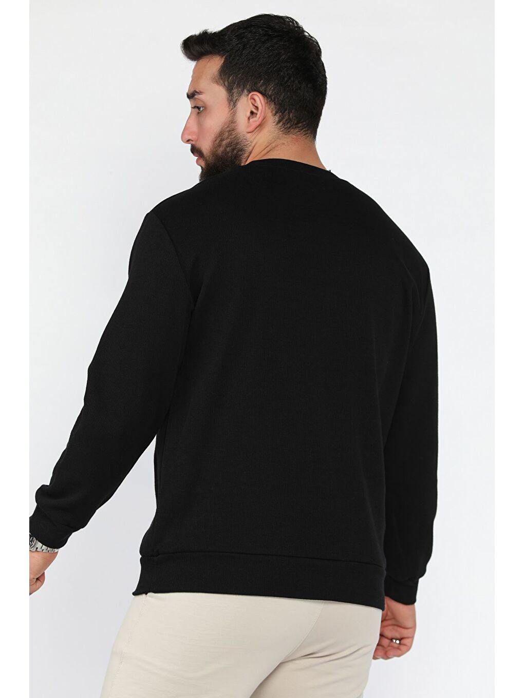Siyah Bisiklet Yaka Baskı Detaylı Erkek Sweatshirt-2