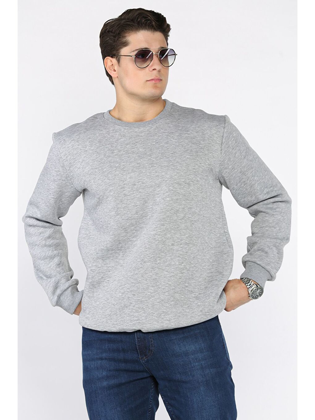 Gri Erkek Bisiklet Yaka Şardonlu Basic Sweatshirt-1