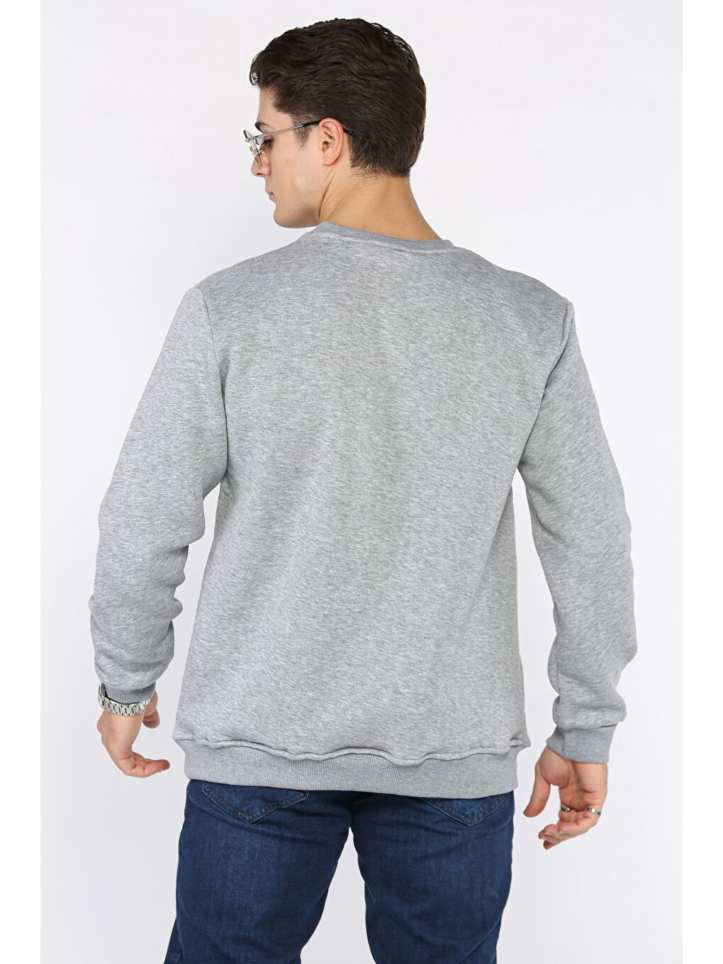 Gri Erkek Bisiklet Yaka Şardonlu Basic Sweatshirt-2