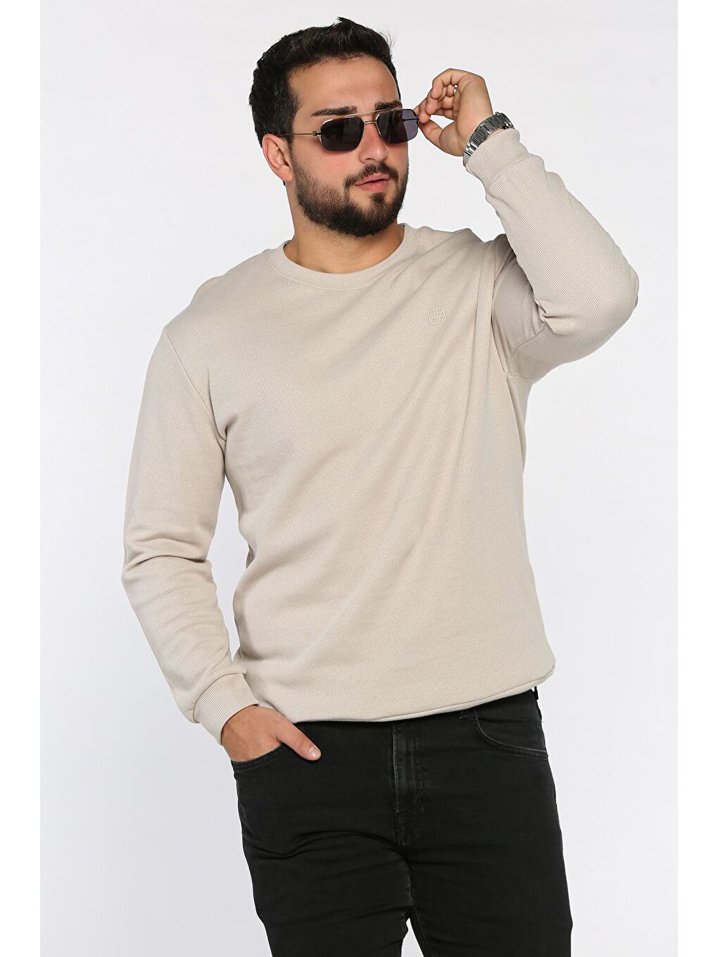 Bej Bisiklet Yaka Baskı Detaylı Erkek Sweatshirt-1