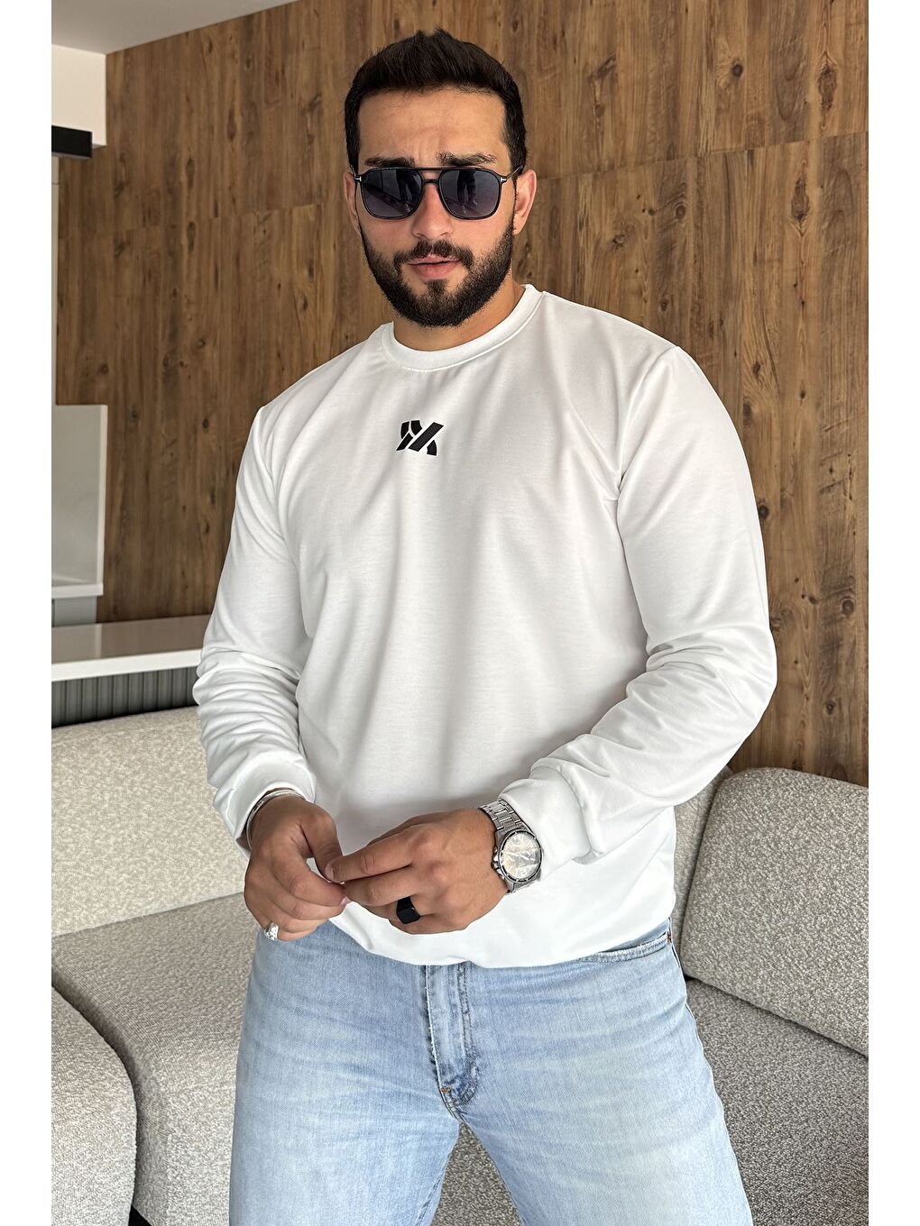 Ekru Erkek Ön Baskılı Bisiklet Yaka Sweatshirt