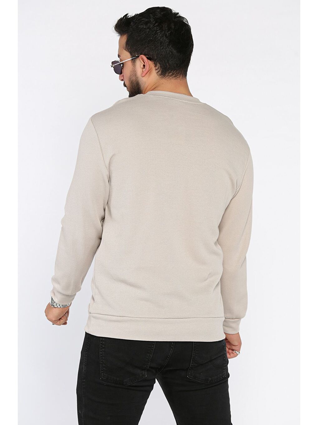 Bej Bisiklet Yaka Baskı Detaylı Erkek Sweatshirt-2