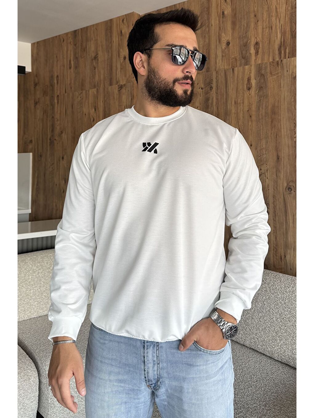 Ekru Erkek Ön Baskılı Bisiklet Yaka Sweatshirt-1