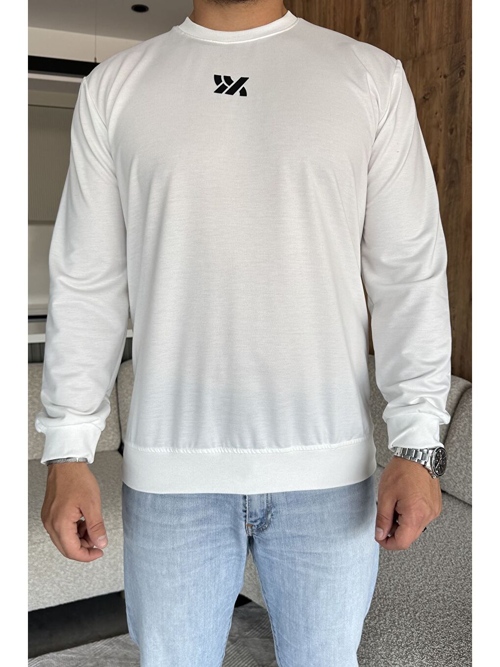 Ekru Erkek Ön Baskılı Bisiklet Yaka Sweatshirt-2