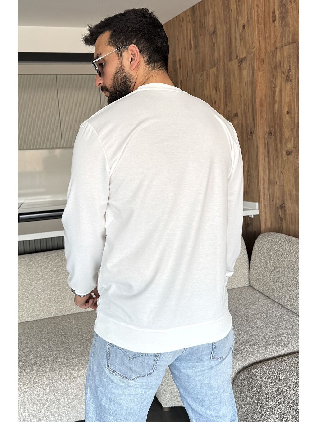 Ekru Erkek Ön Baskılı Bisiklet Yaka Sweatshirt-3