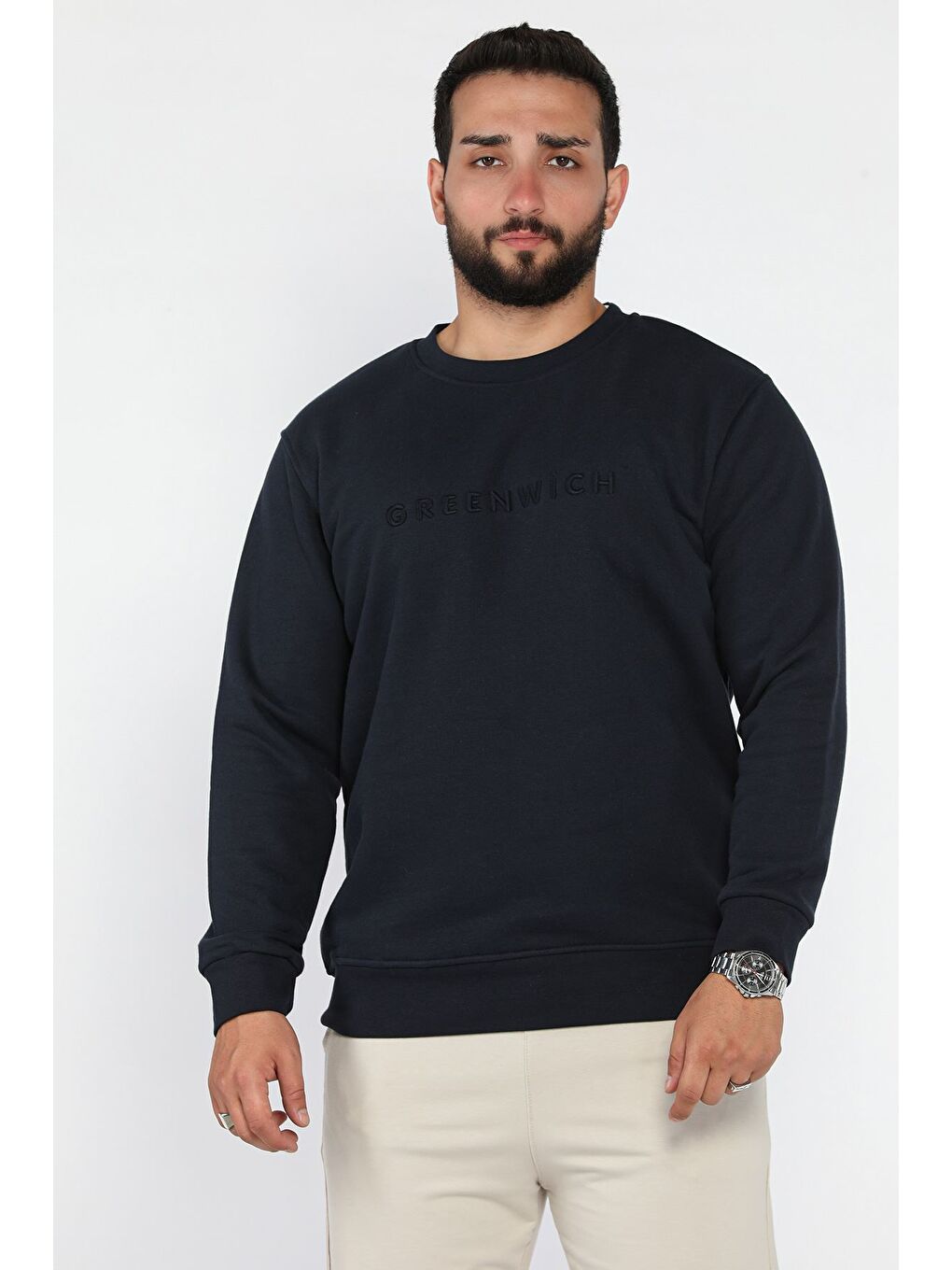 Lacivert Ön Nakışlı Bisiklet Yaka Üç İplik Erkek Sweatshirt