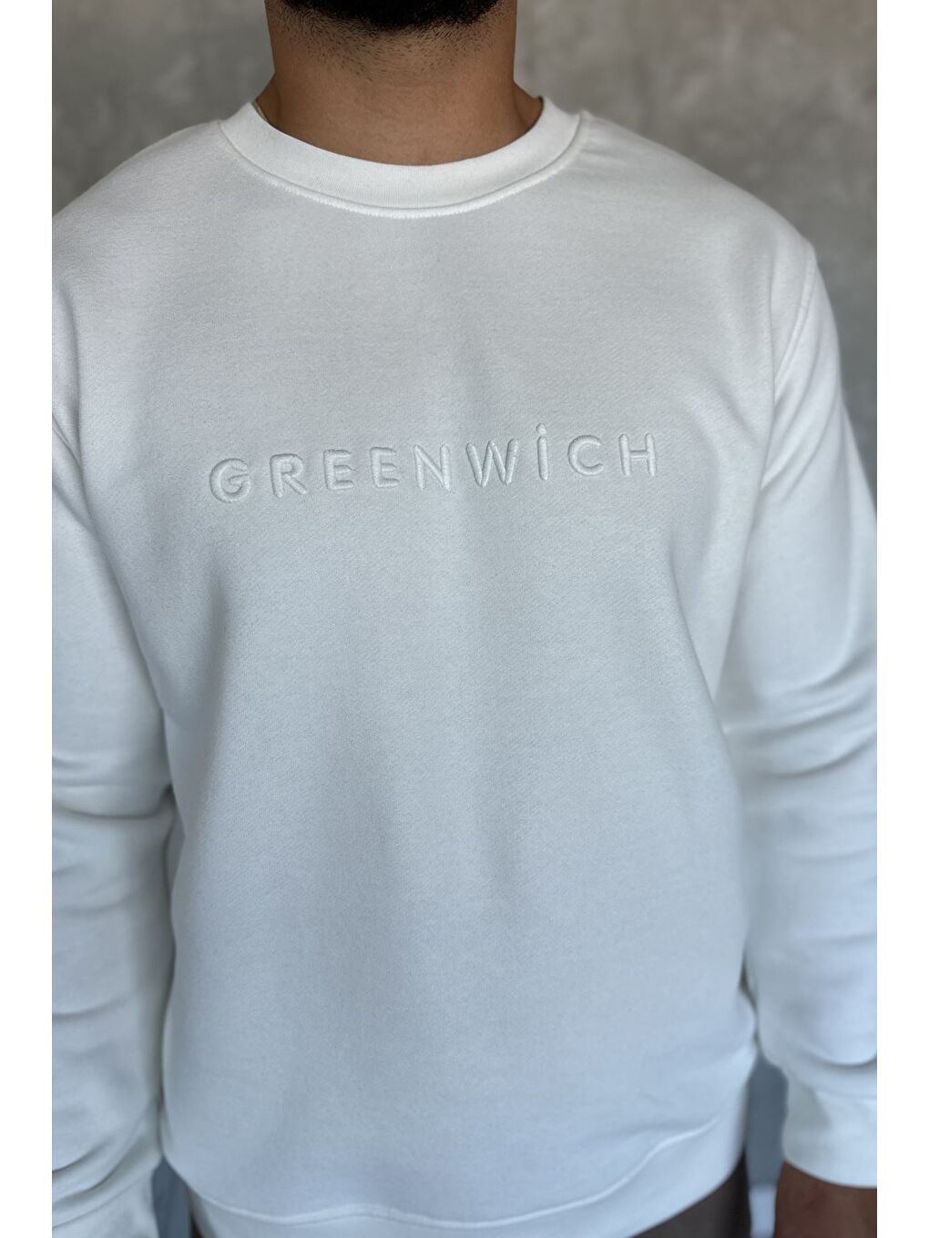 Ekru Ön Nakışlı Bisiklet Yaka Üç İplik Erkek Sweatshirt-2