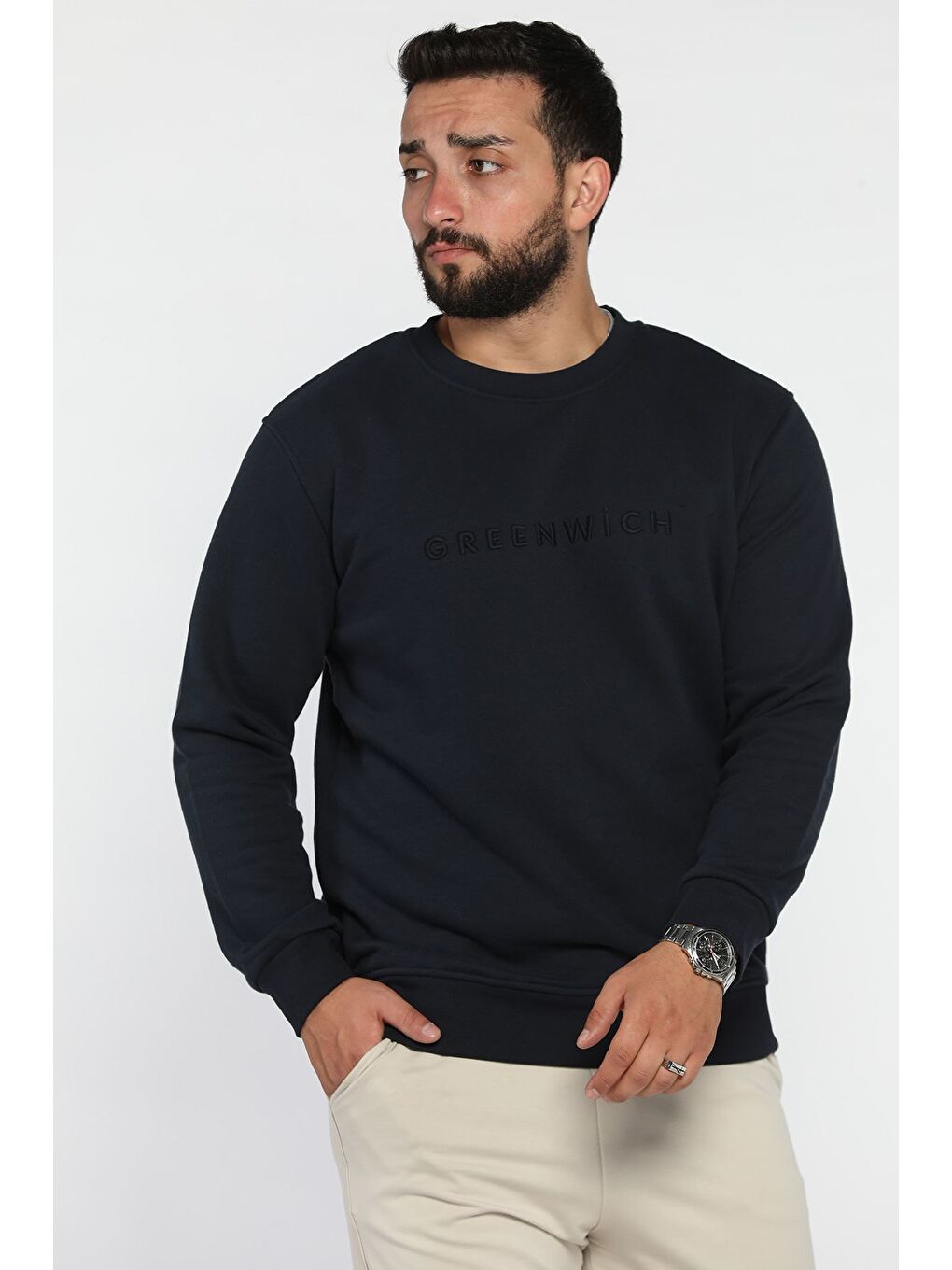 Lacivert Ön Nakışlı Bisiklet Yaka Üç İplik Erkek Sweatshirt-1