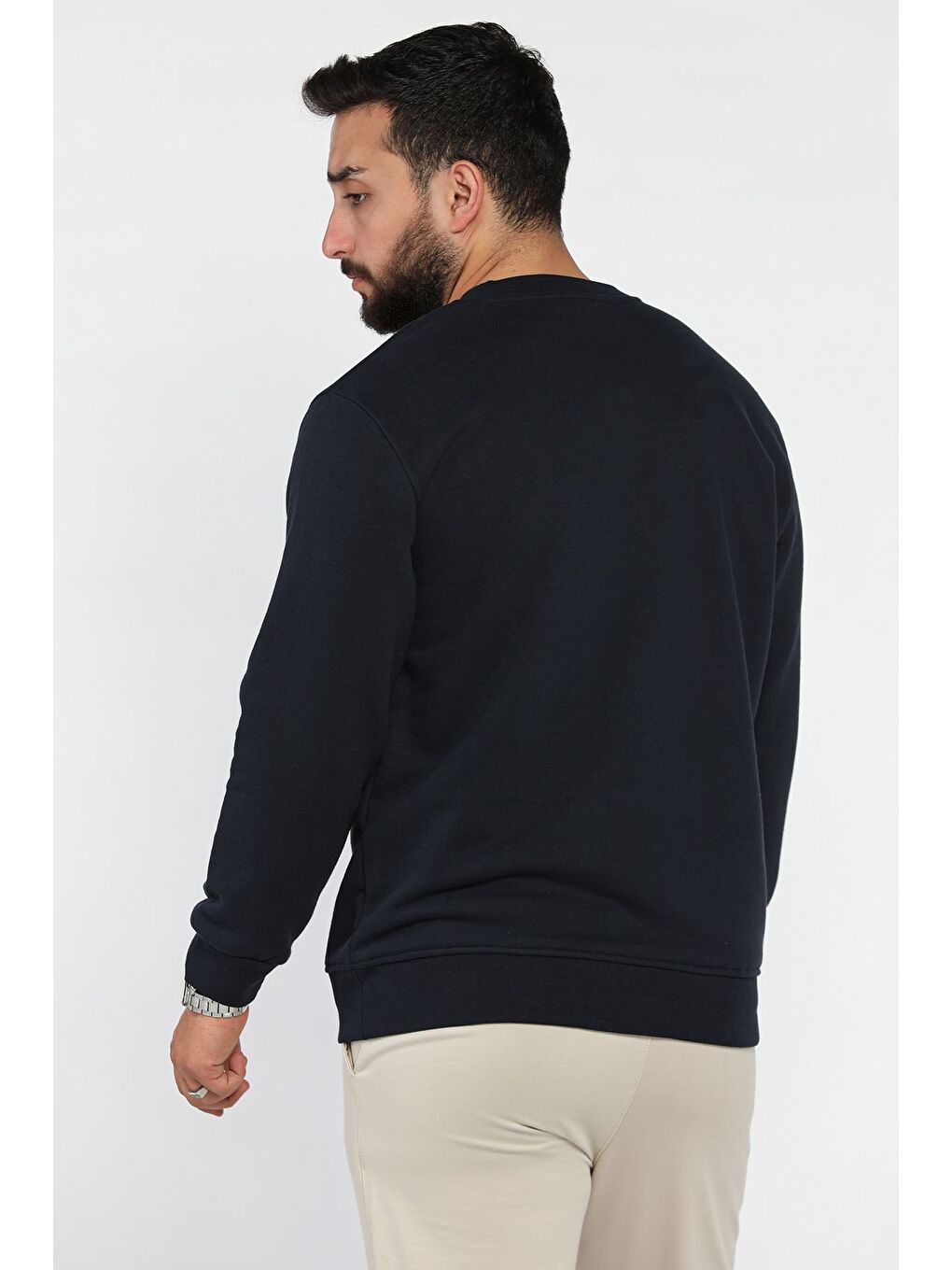 Lacivert Ön Nakışlı Bisiklet Yaka Üç İplik Erkek Sweatshirt-2