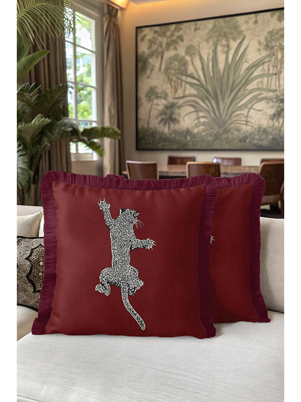 Karışık Leopar Figürlü Saçaklı Yastık Kılıfı - Egzotik Lüks Bohem Bordo Püsküllü Kırlent Kılıfı-5