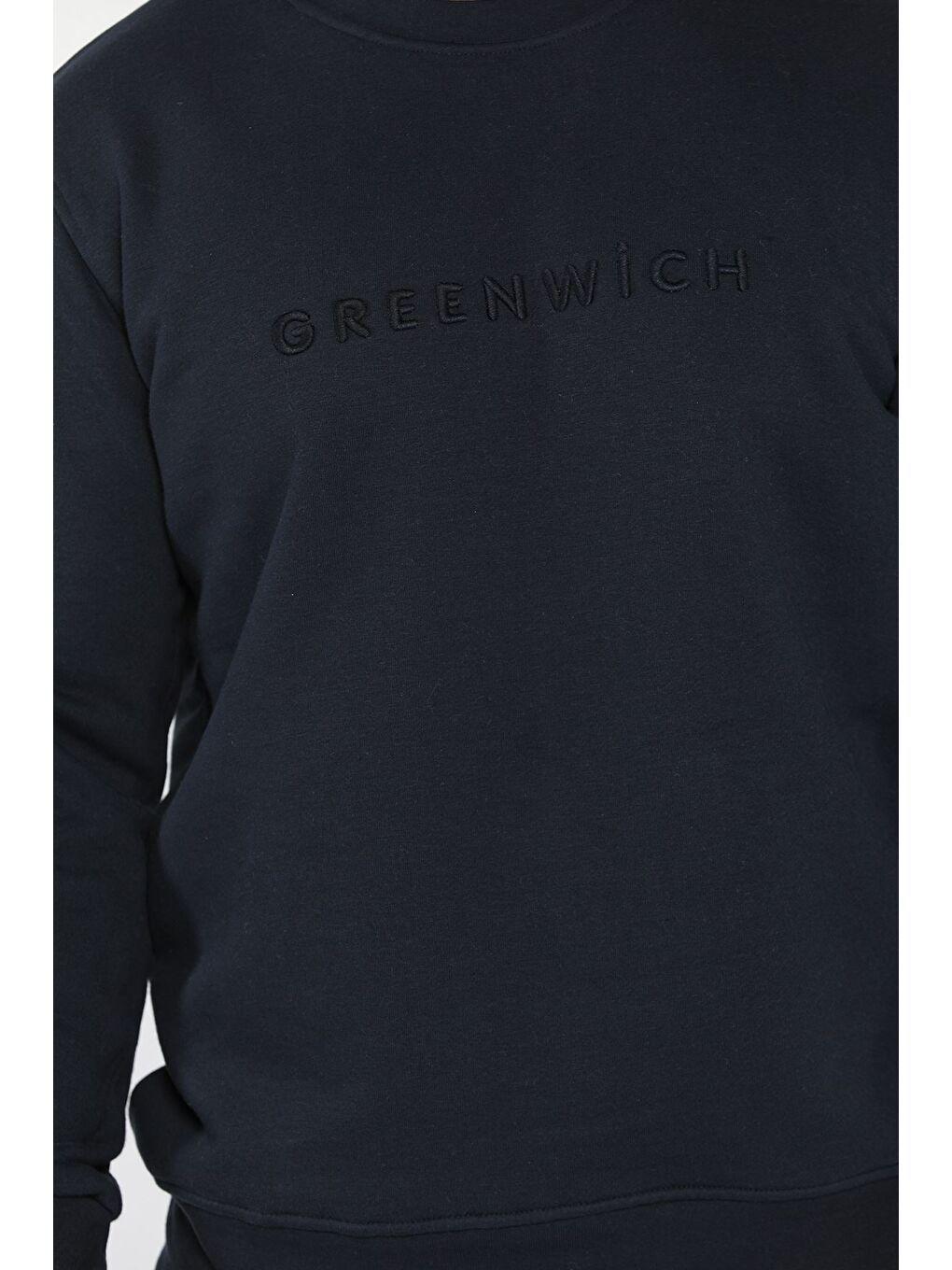 Lacivert Ön Nakışlı Bisiklet Yaka Üç İplik Erkek Sweatshirt-3