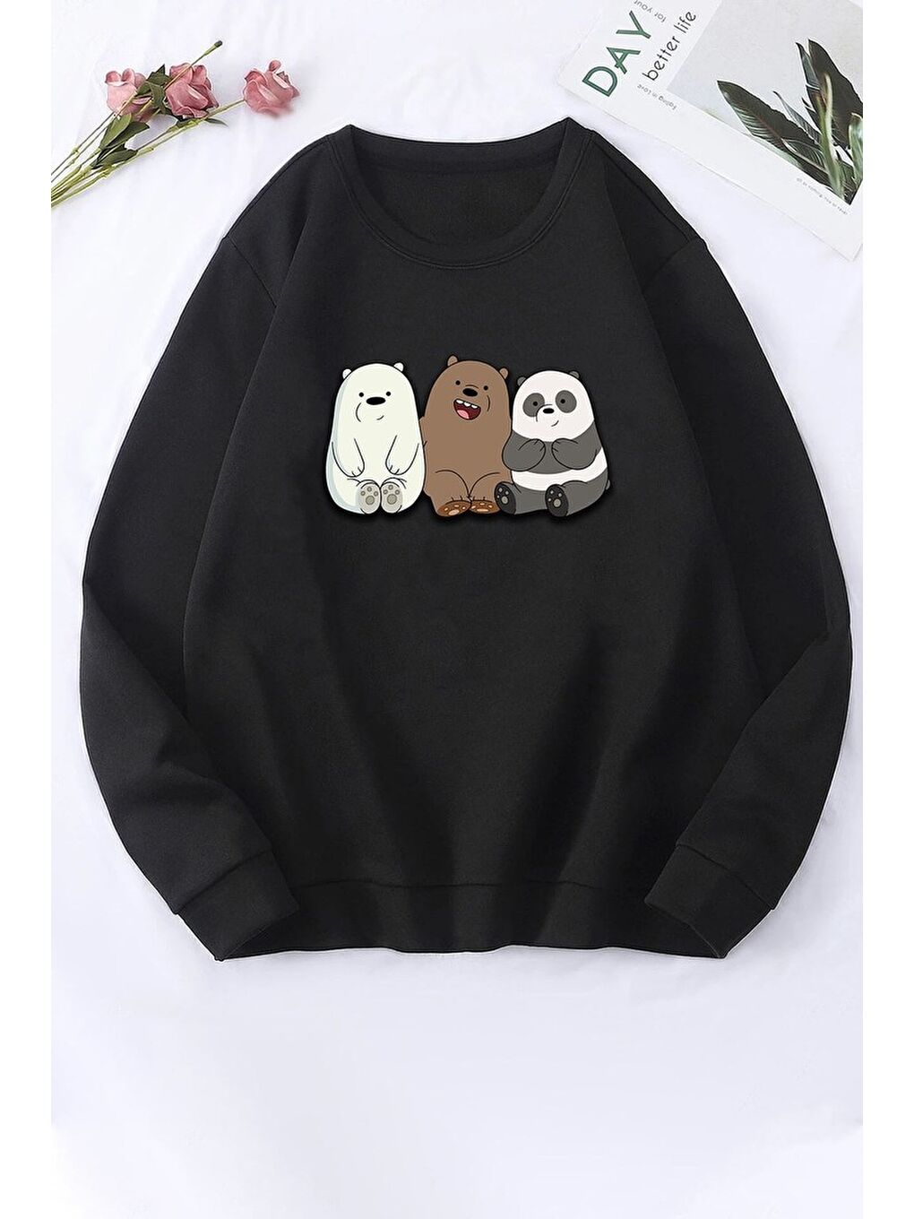 uyguntarz Siyah Unisex Kafadar Ayılar Baskılı Bisiklet Yaka Sweatshirt