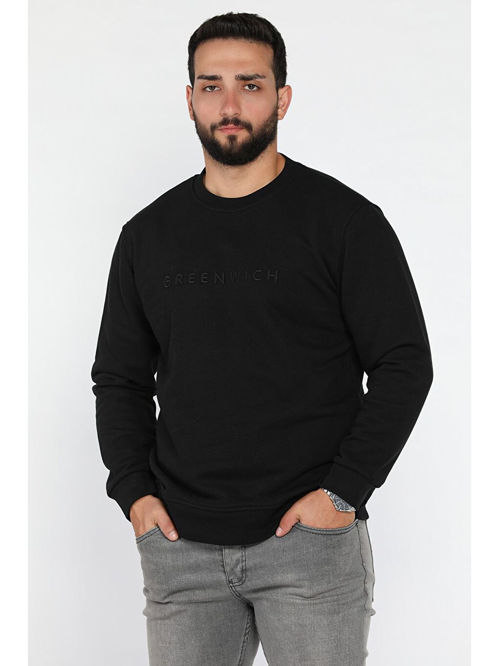 Siyah Ön Nakışlı Bisiklet Yaka Üç İplik Erkek Sweatshirt