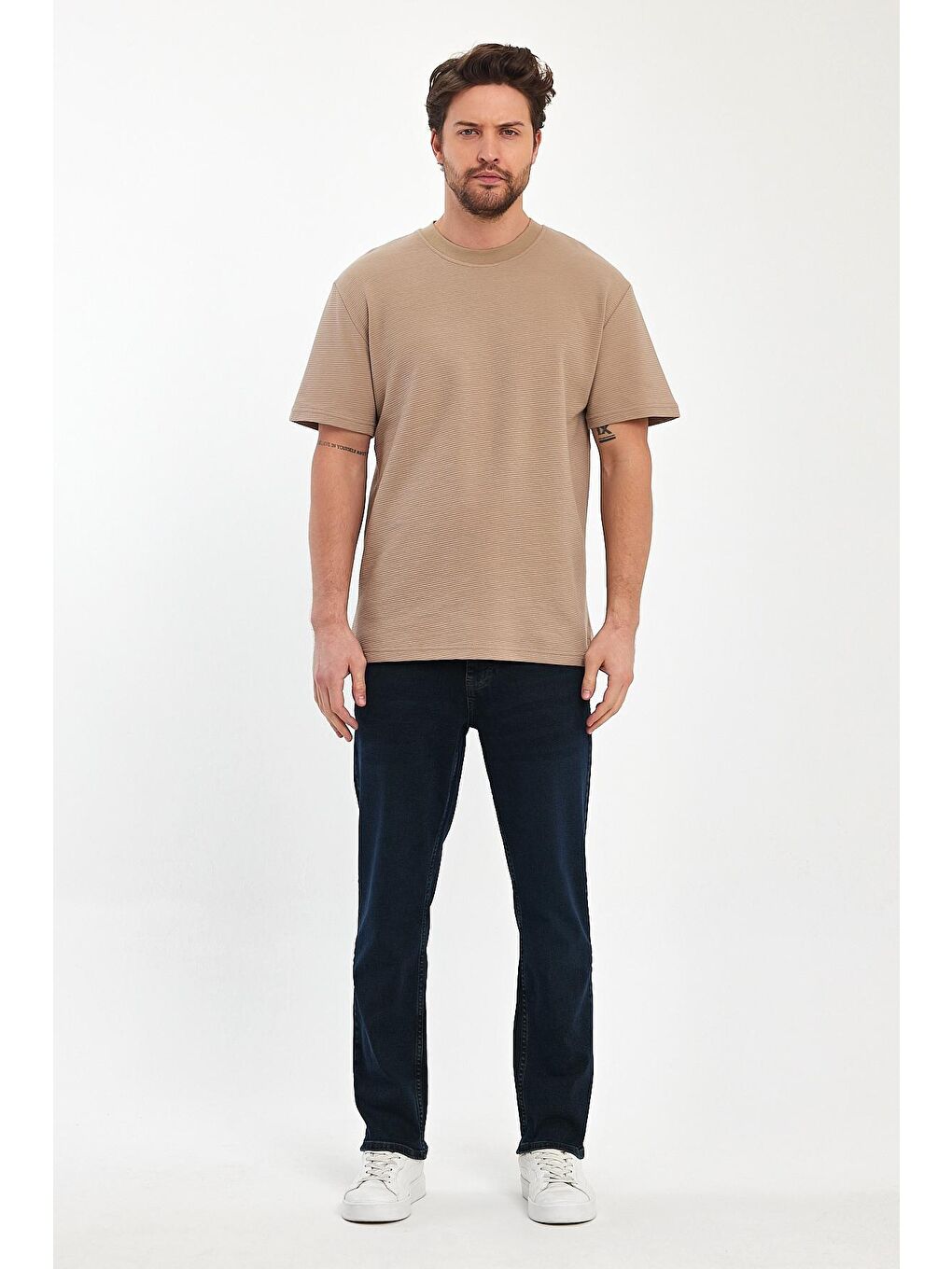 Bej Otoman Bisiklet Yaka Erkek Tişört-1