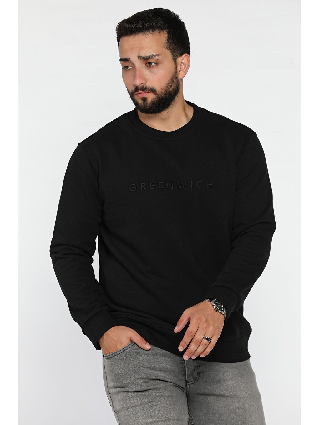 Siyah Ön Nakışlı Bisiklet Yaka Üç İplik Erkek Sweatshirt-1