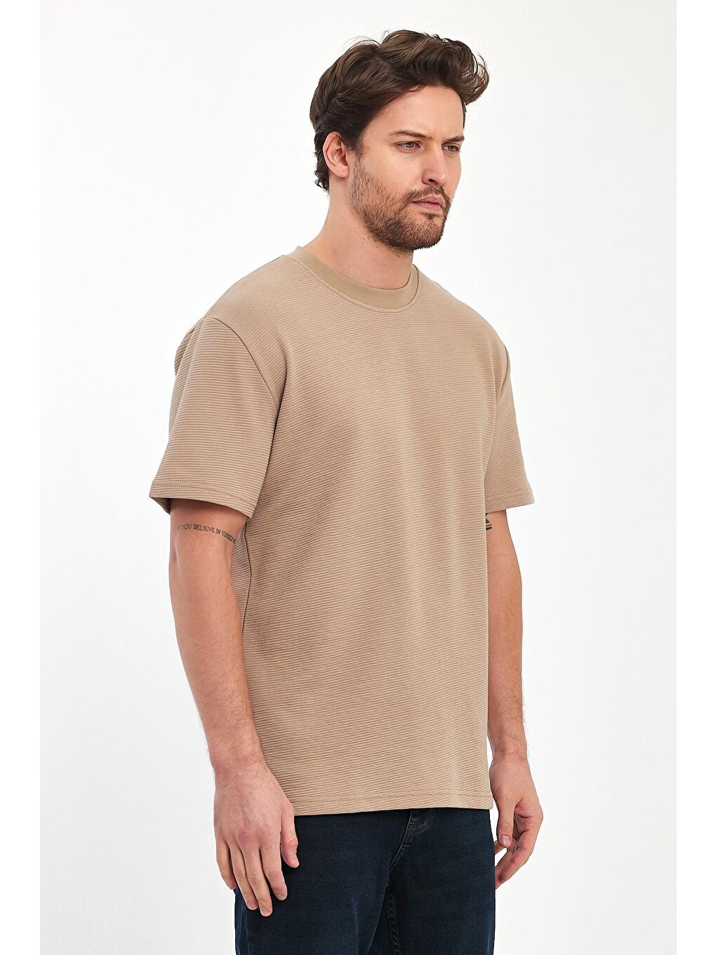 Bej Otoman Bisiklet Yaka Erkek Tişört-4