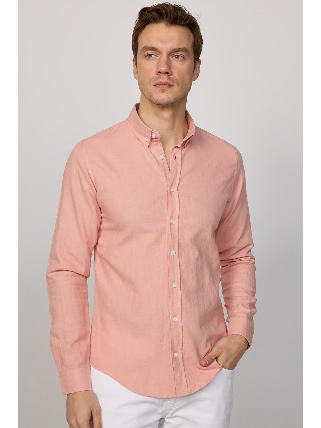 TUDORS Pembe Slim Fit Uzun Kollu Biyeli Yaka Düğmeli Keten Pudra Erkek Gömlek