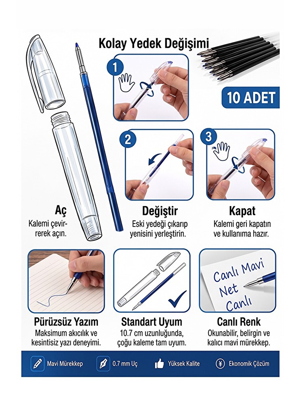 Siyah Plastik Tükenmez Kalem Yedeği 10 Adet 10.7 Cm Tükenmez Kalem İçi Yedek Plastik Tükenmez Kalem-1