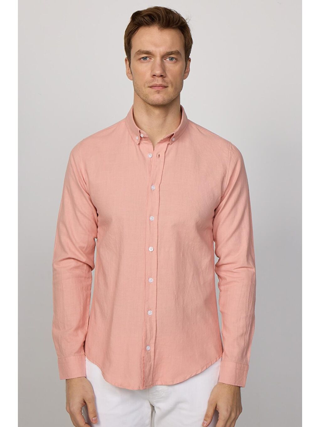 TUDORS Pembe Slim Fit Uzun Kollu Biyeli Yaka Düğmeli Keten Pudra Erkek Gömlek - 2