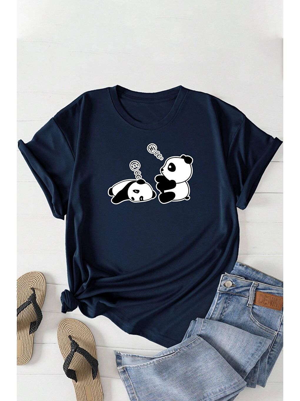 uyguntarz Lacivert Unisex Uykucu Panda Baskılı Tasarım Tshirt