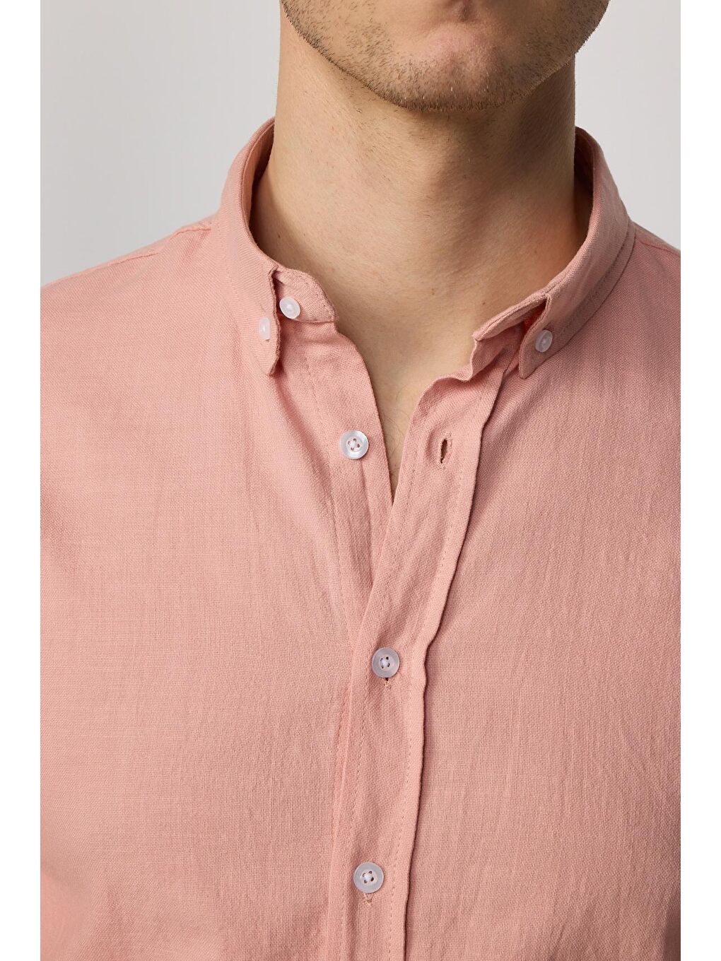 TUDORS Pembe Slim Fit Uzun Kollu Biyeli Yaka Düğmeli Keten Pudra Erkek Gömlek - 3