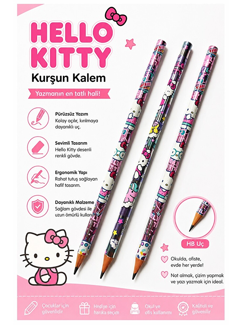 Hello Kıtty Kurşun Kalem 3 Adet Hello Kity Yuvarlak Gövdeli Siyah Kurşun Kalem Yumuşak Yazım Kolay T