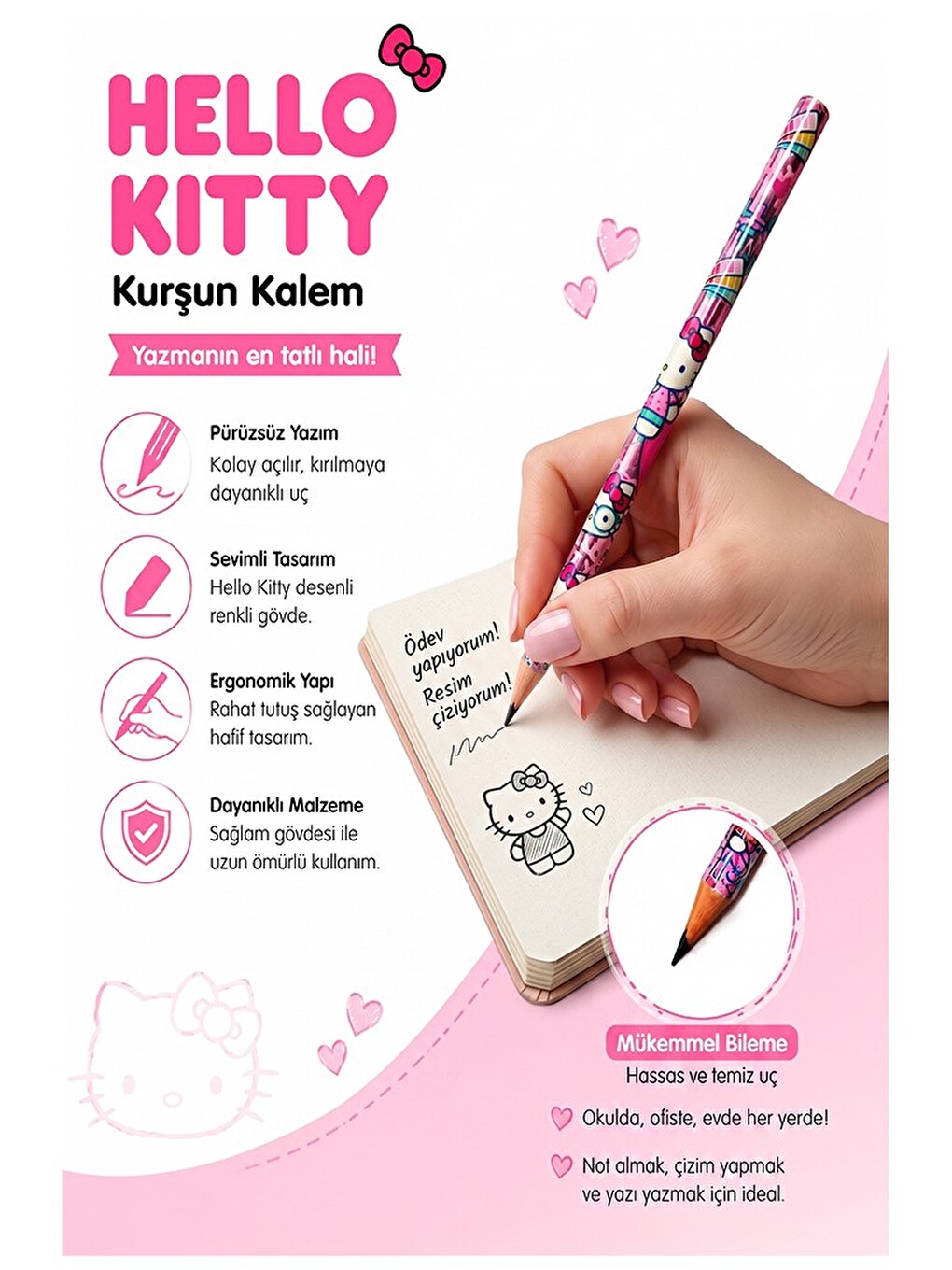 Hello Kıtty Kurşun Kalem 3 Adet Hello Kity Yuvarlak Gövdeli Siyah Kurşun Kalem Yumuşak Yazım Kolay T-1