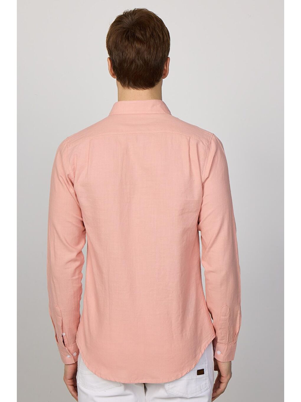 TUDORS Pembe Slim Fit Uzun Kollu Biyeli Yaka Düğmeli Keten Pudra Erkek Gömlek - 4