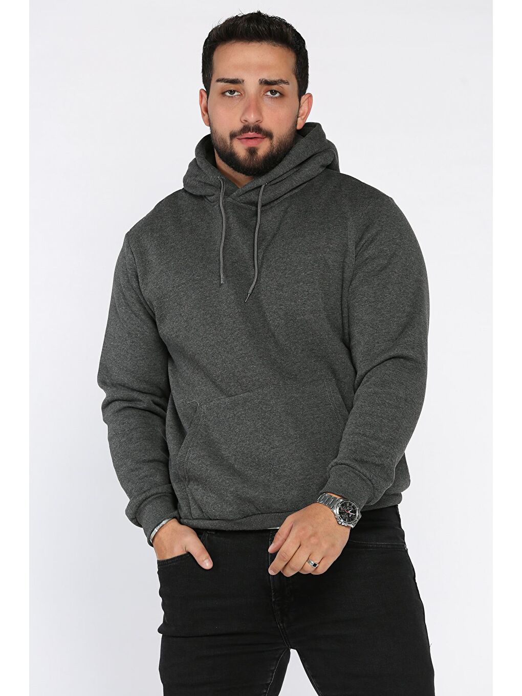 Antrasit Erkek Kapüşonlu Kanguru Cepli Şardonlu Sweatshirt