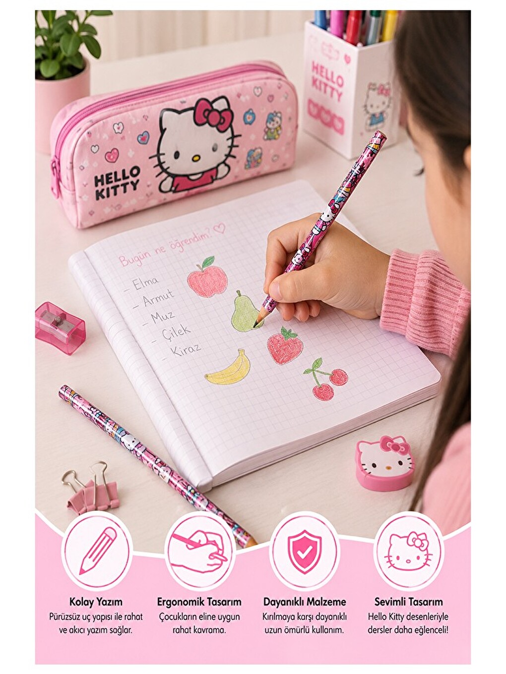 Hello Kıtty Kurşun Kalem 6 Adet Hello Kity Yuvarlak Gövdeli Siyah Kurşun Kalem Yumuşak Yazım Kolay T-2