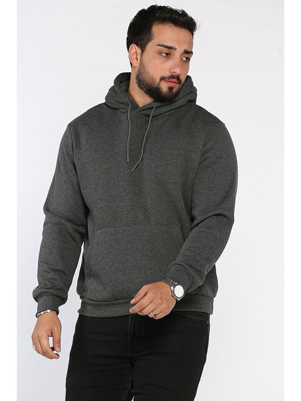 Antrasit Erkek Kapüşonlu Kanguru Cepli Şardonlu Sweatshirt-1