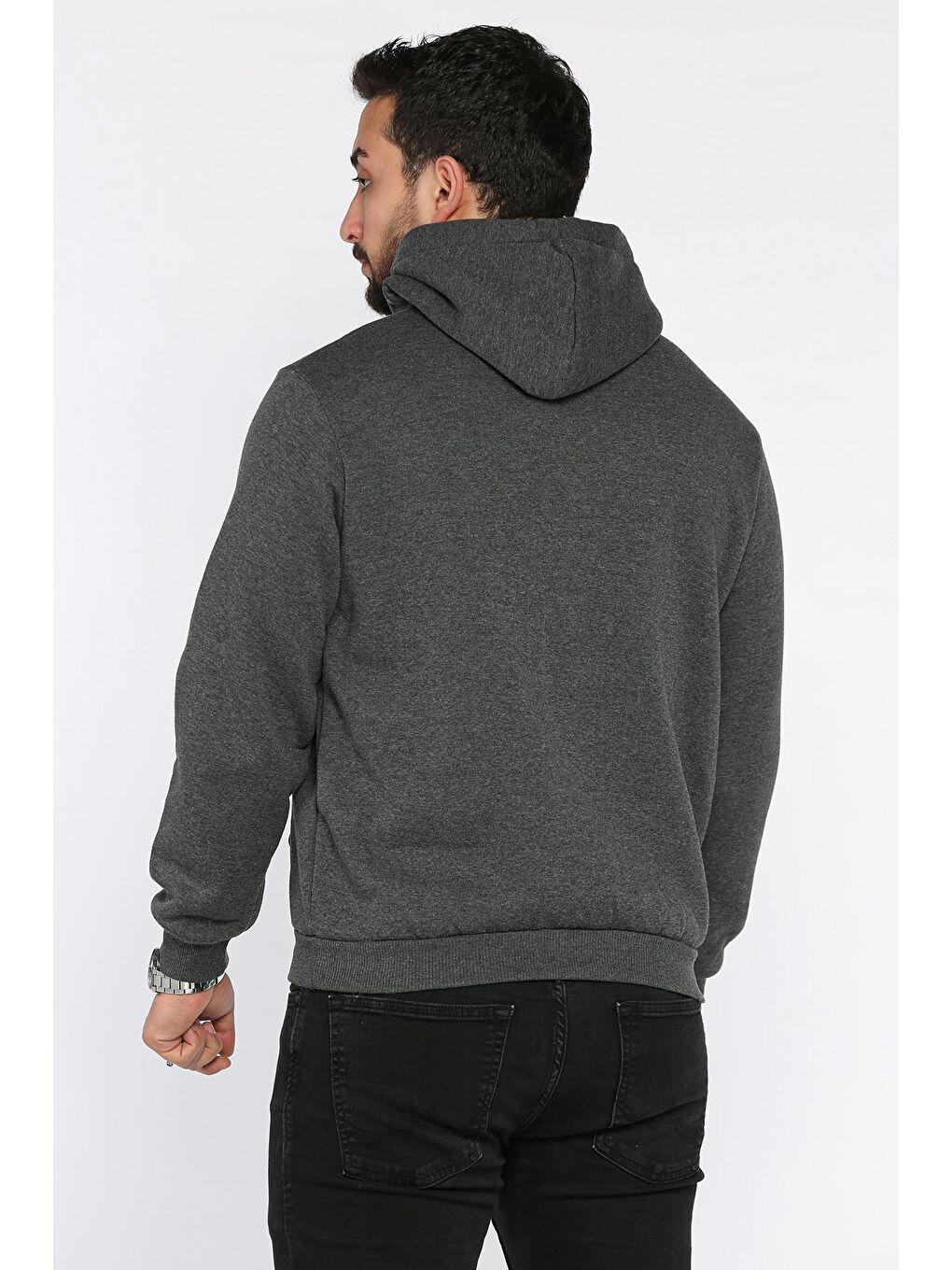 Antrasit Erkek Kapüşonlu Kanguru Cepli Şardonlu Sweatshirt-2