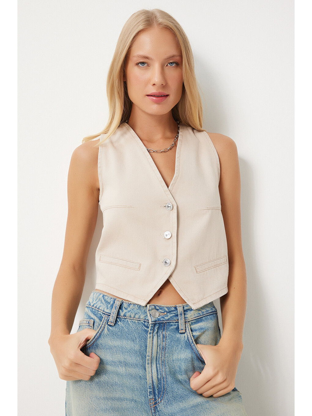 Bej V Yaka Crop Denim Yelek BEJ LYL0002-1