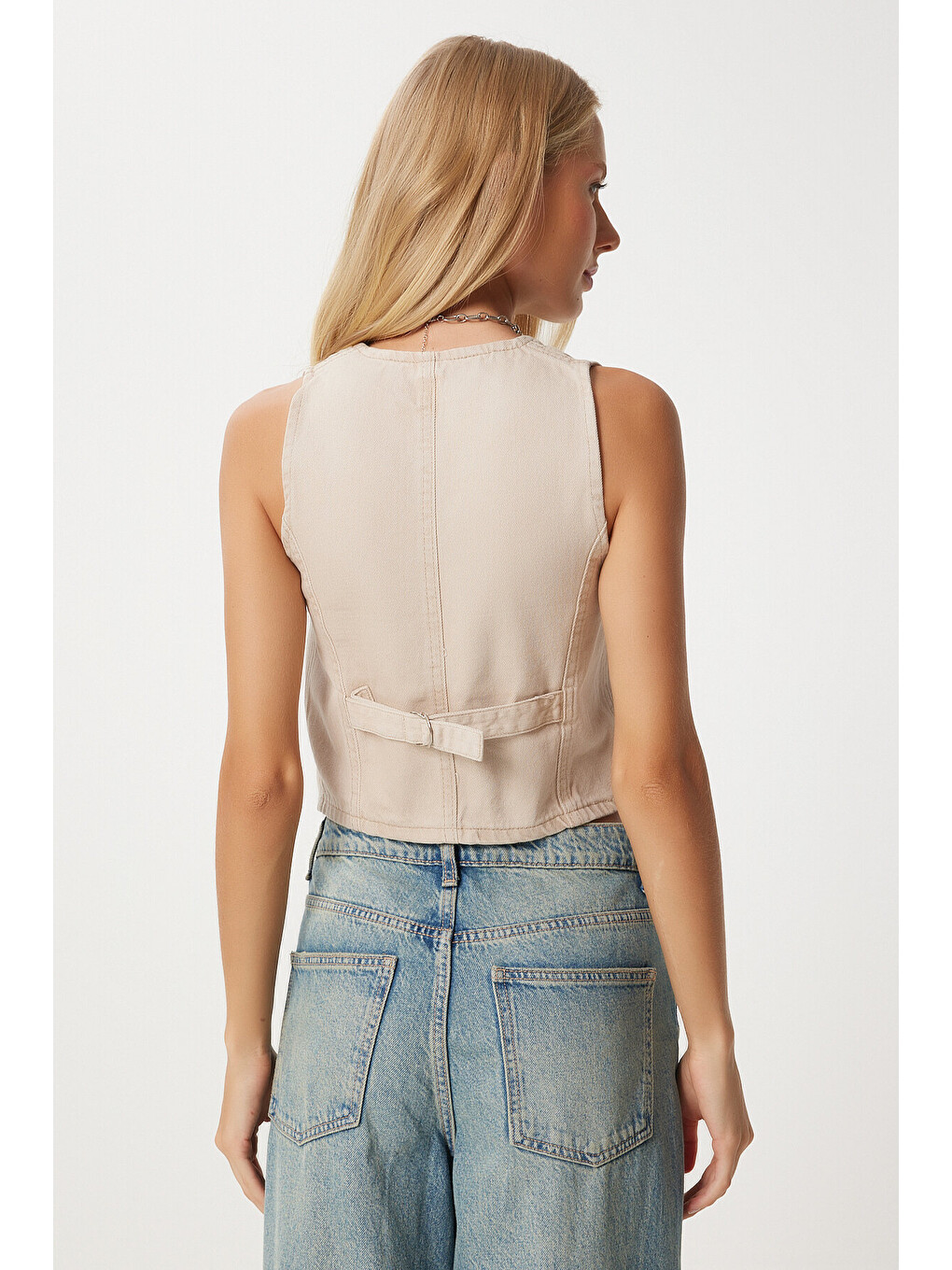 Bej V Yaka Crop Denim Yelek BEJ LYL0002-3